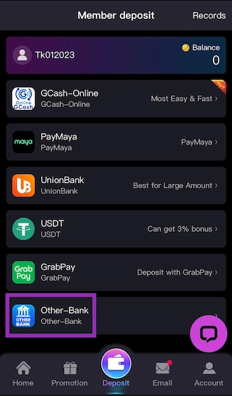 Select bank transfer method