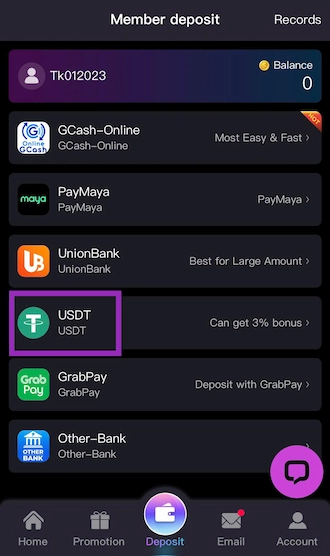Select USDT method