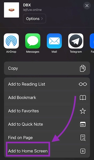 Then click on the "Add to Home Screen" option.