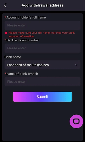 Fill in the withdrawal account information
