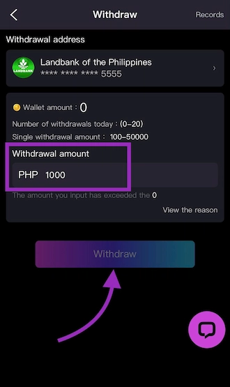 Fill in the withdrawal information